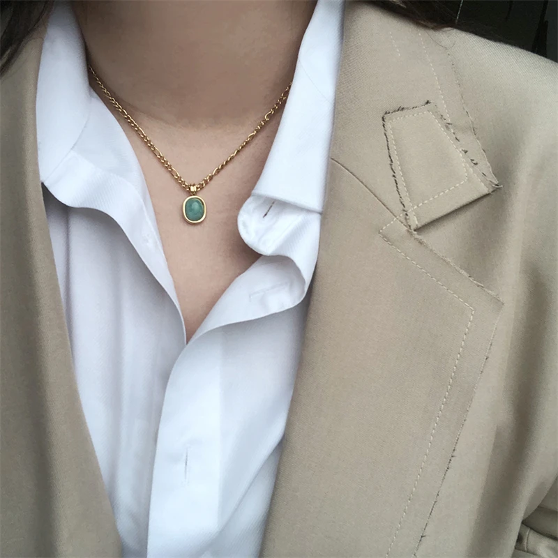Unique Roman Holiday Mint Green Oval Jewelry Tianhe Stone Stainless Steel 18k Gold Plated Ellipse Pendant Necklace Baby Jewelry