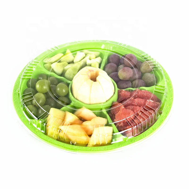 Disposable round plastic 6 compartment fruit food packaging box container