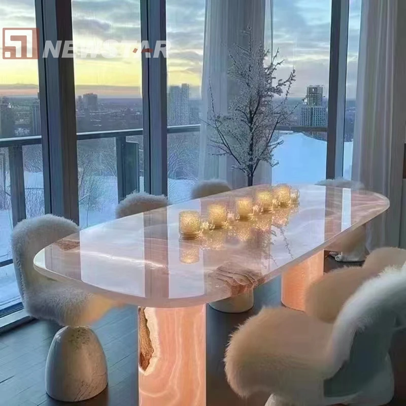 Modern Designer Dining Table Set in Pink Onyx Top Natural Marble for Home Furniture Villa Hotel Apartment