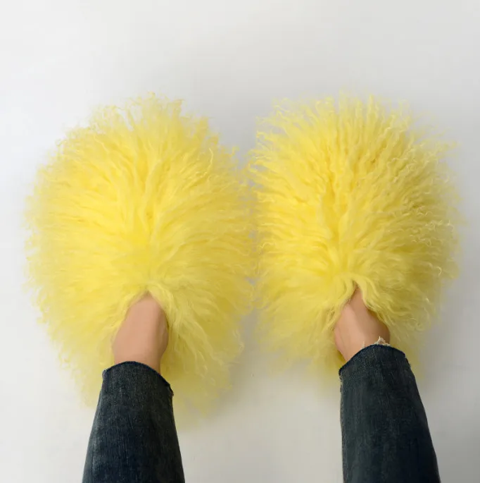 Wholesale High quality famous slippers Luxury Real Sheep yellow  Fur Slides sheepskin fur slipper Mongolian for women