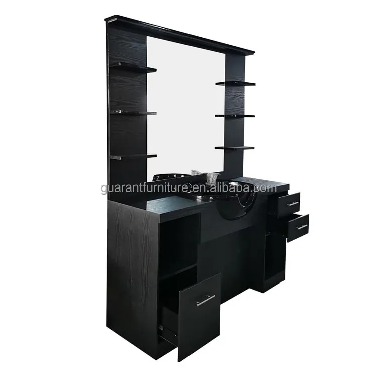 Black plywood barber station mirror barber station with ceramic sink washing barber table