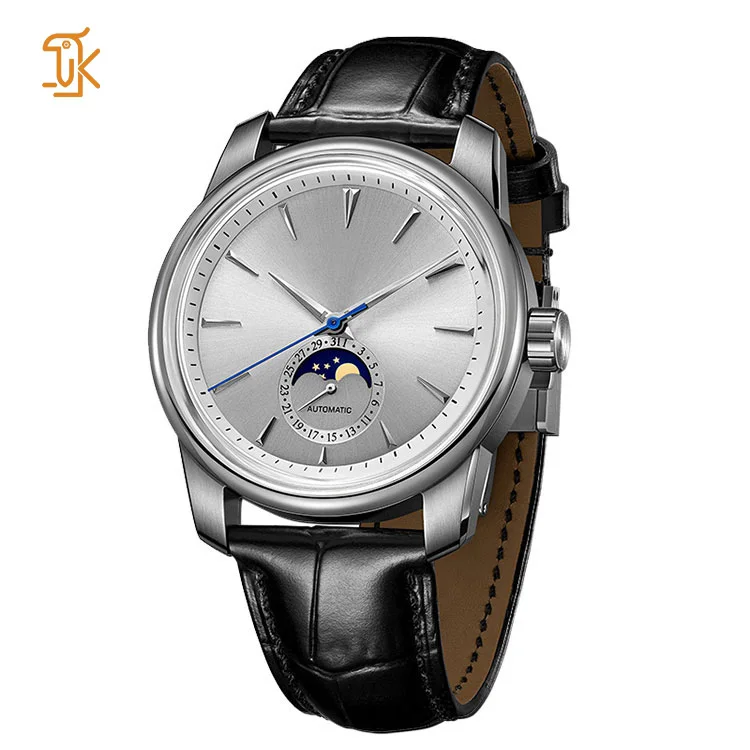 Custom Stainless Steel Moon Phase Watch Leather Dress Calender Automatic Mechanical WristWatch For Men Manufacturers