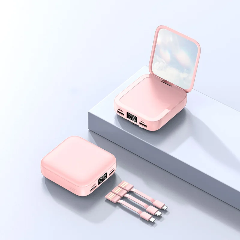 Пользовательский логотип квадратное зеркало для макияжа Powerbank популярное зарядное устройство многофункциональное с тремя зарядными кабелями