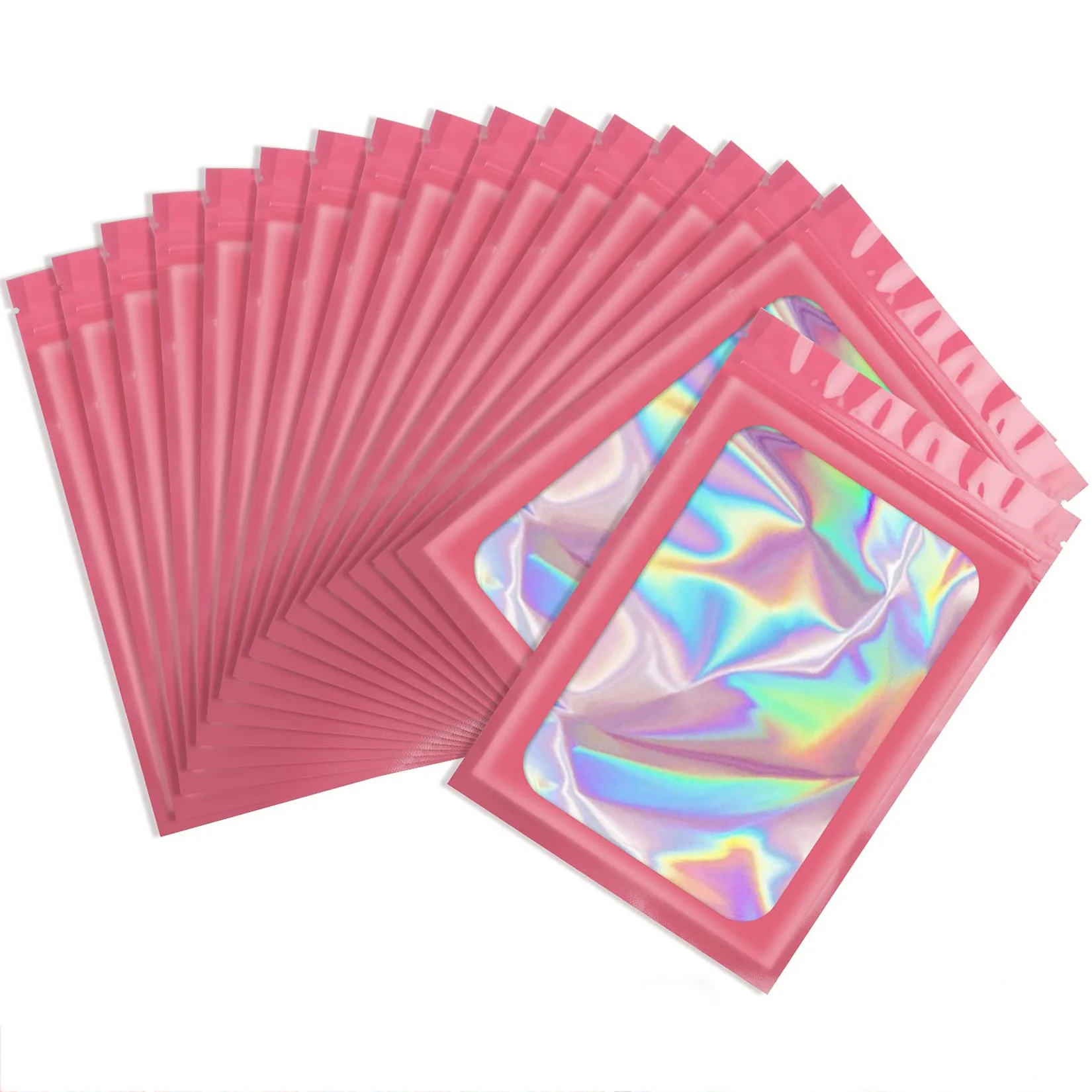 Holographic Waterproof Foil Bag Tear Resistance Smell Proof Resealable Smell Proof Ziplock 3.5 Pink Mylar Bags For Food Storage