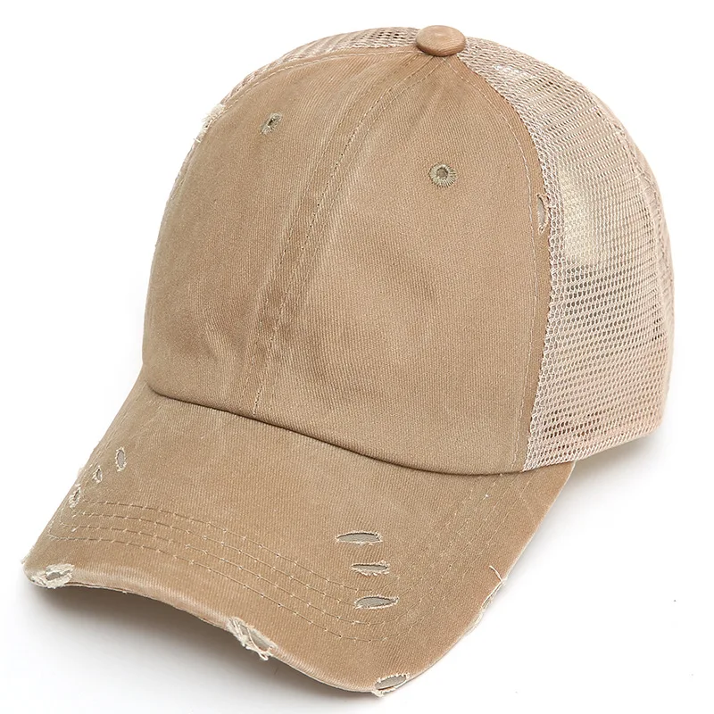 2024 new arrival womens ponytail washing cotton vintage old looks mesh baseball cap with custom logo