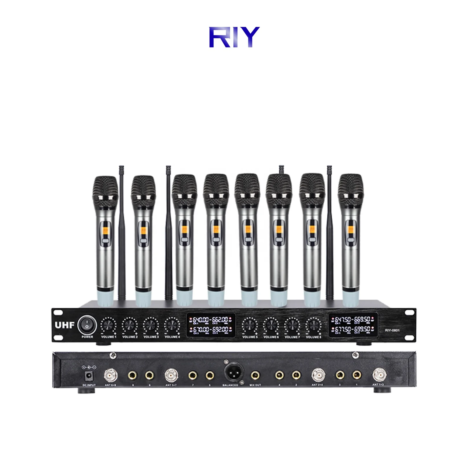 RIY-0801 Professional UHF 8 Channel Wireless Microphone Vocal Handheld Mic for Stage Performance