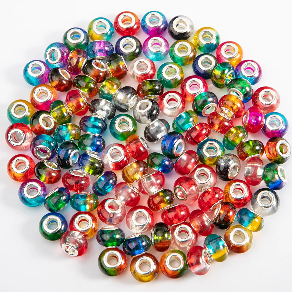 SOJI Wholesale Rainbow color Large Hole Beads Acrylic Charm Beads With Silver Brass Cores 5mm Big Hole Beads For Jewelry Making