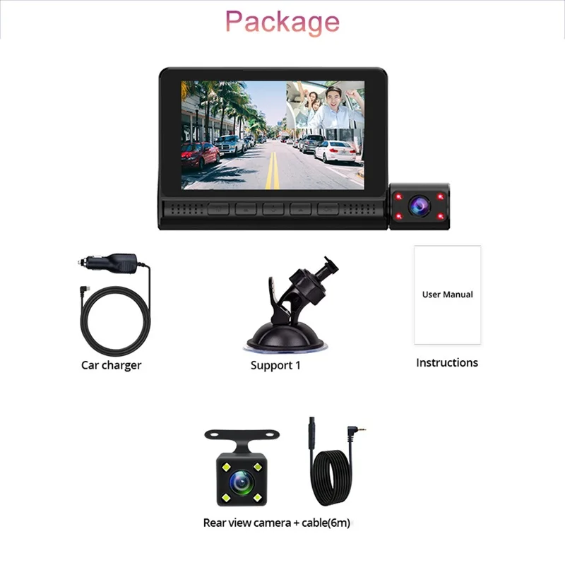  Прямая продажа Автомобильный видеорегистратор 3 объектива камеры Dashcam 1080P HD 4 дюймовый сенсорный экран авто видеомагнитофон фронтальная камера заднего вида 24 часа в сутки черный
