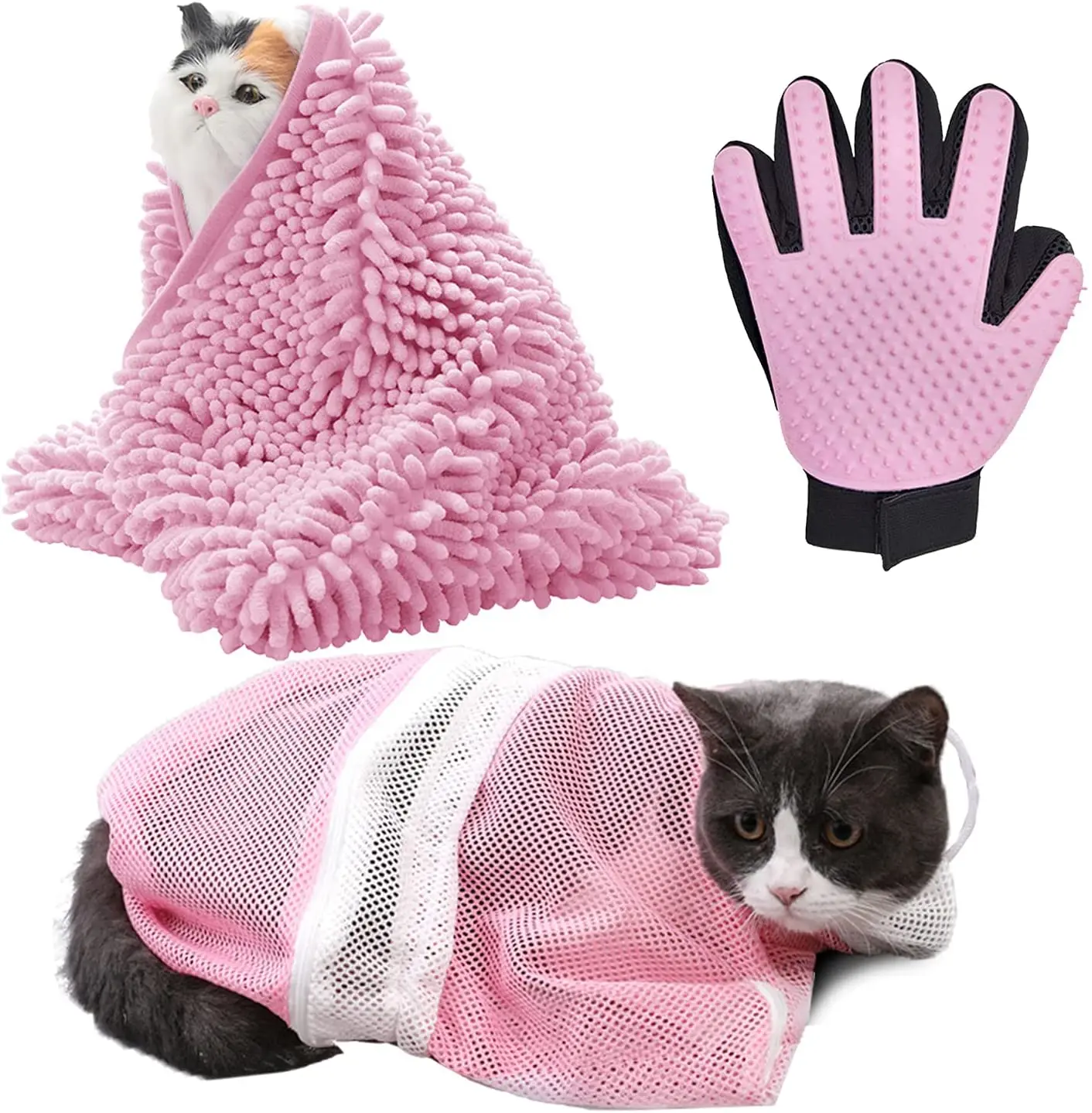 Cat Shower Set- Multifunctional Adjustable Cat Bathing Bag Absorbent Quick Dry Towels Pet Grooming Gloves