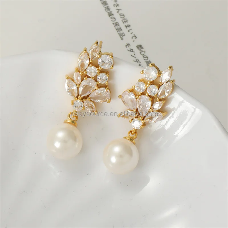 RE6132 Women zircon Pearls Earring CZ Drop Earrings Wedding Jewelry