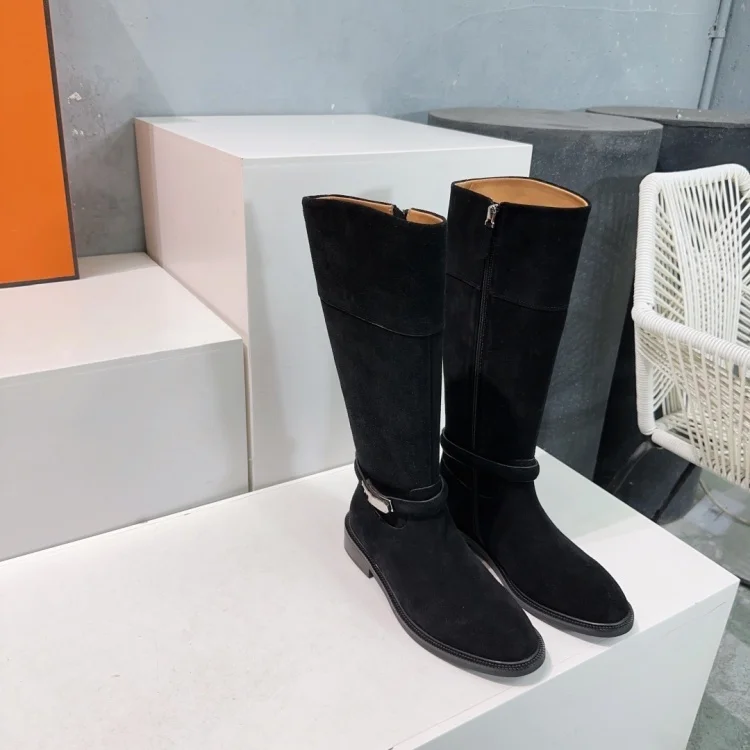 Shoes Stock Classic Leather And Cowhide Fur Designer Luxury Hermas Shoes Winter Calf boots For Lady