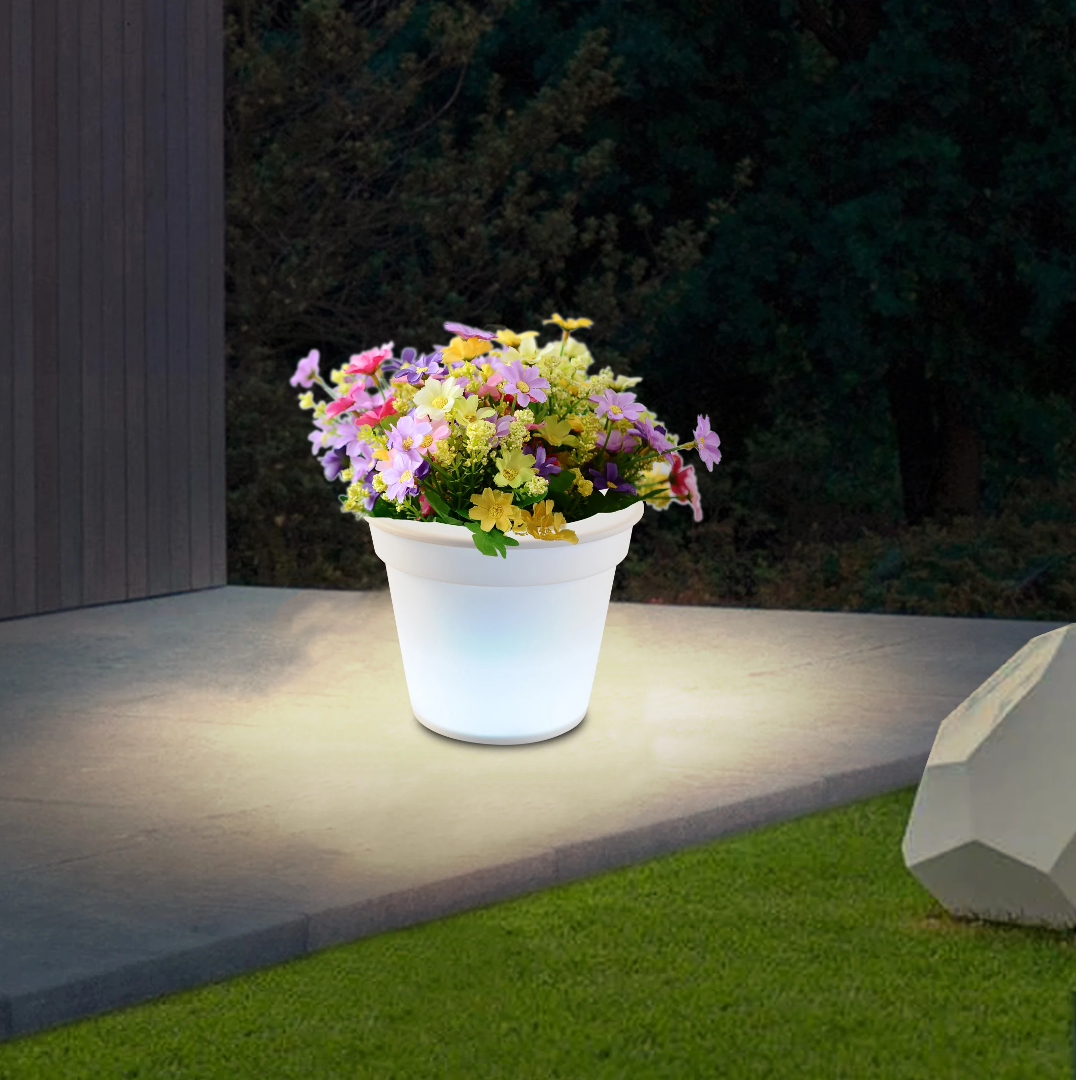 ENJOYSOLAR New Arrival Led Planter Solar Led Flower Pot with Rechargeable Small Plastic Used with Artificial Flower White Box