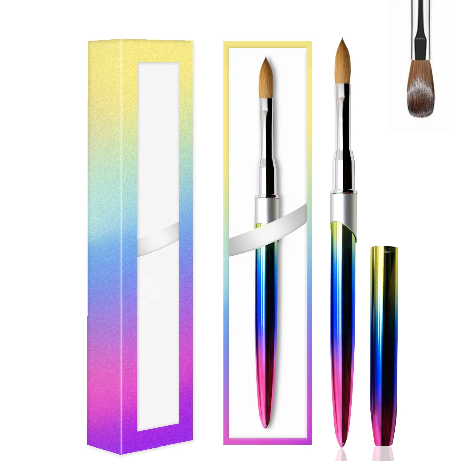 Private Label Custom Gradients Rainbow Metal Handle Nail Brush Nail Art Painting 100% Pure Kolinsky Hair Acrylic Nail Brush Set