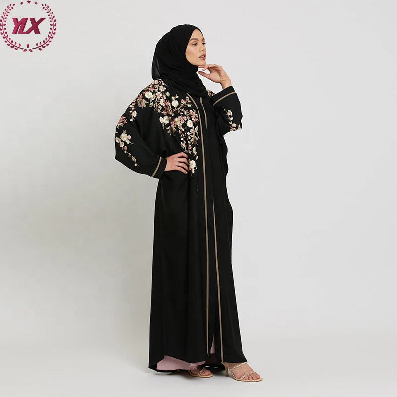 Women Dubai Muslim Dress New Turkey Dresses 2023 Summer Black Floral Embroidered Open Modest Abaya Islamic Clothing Women