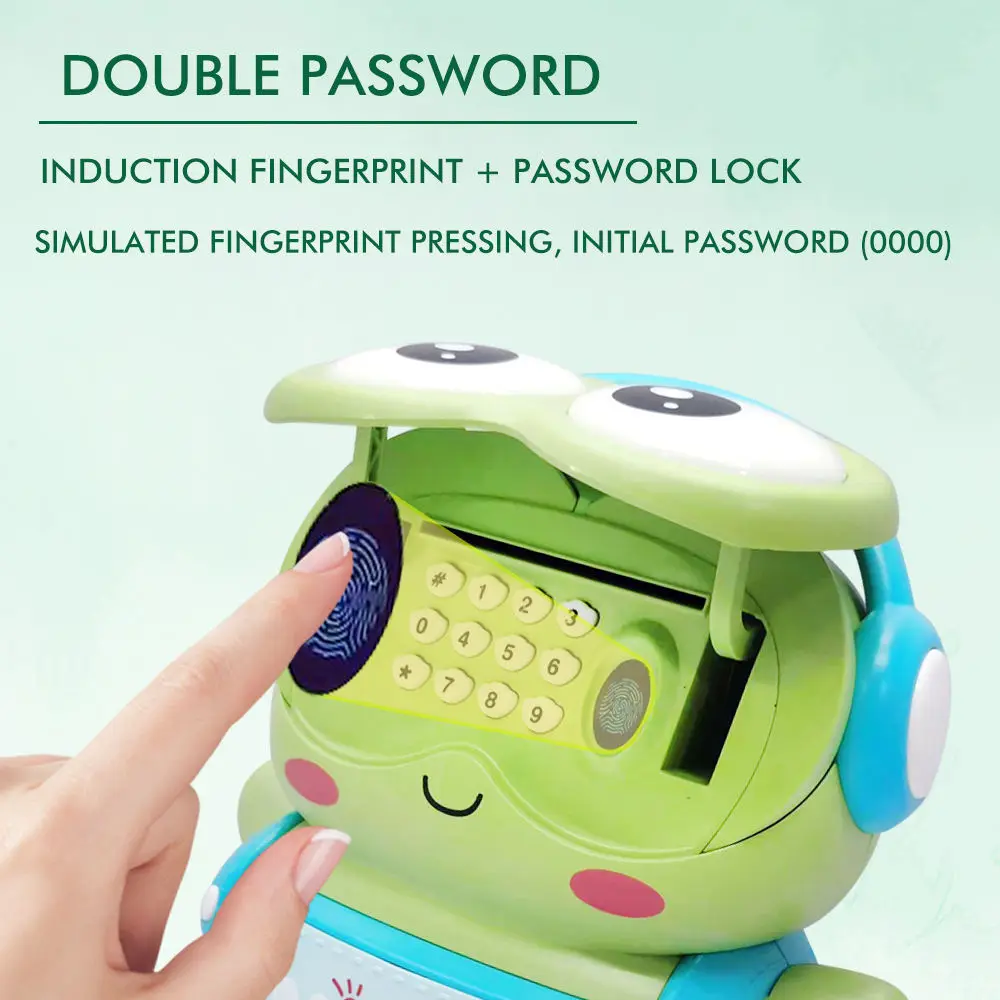 Battery Power Cute Frog Backpack Money Musical Frog Fingerprint Touch Digital Custom Password Atm Savings Piggy Bank For Kids