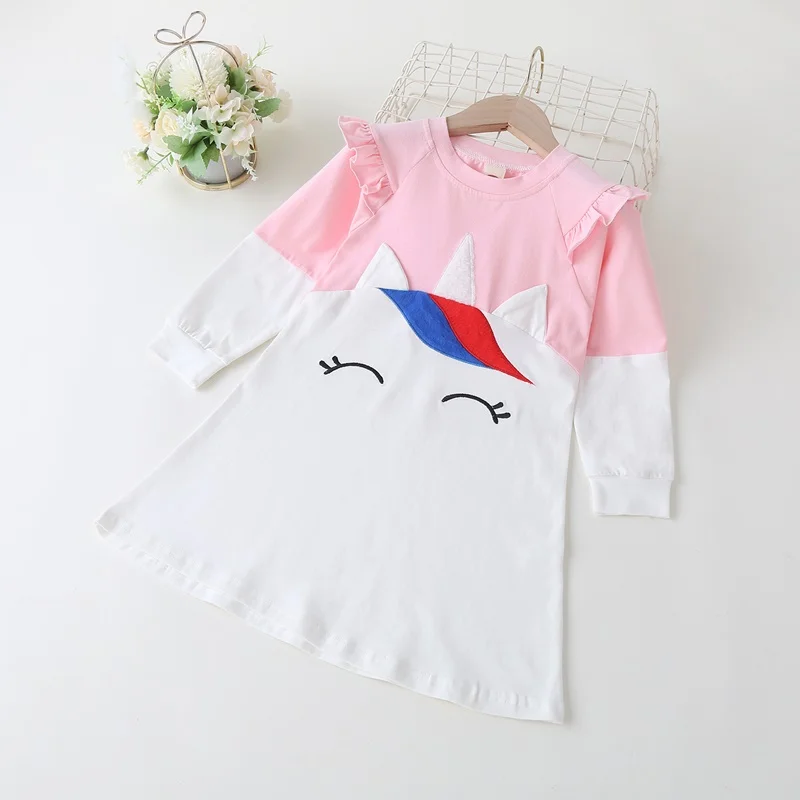 Spring Fall Cotton Kids Dresses for Girl Cute Cartoon Animal Horse Patchwork Long Flying Sleeve Princess Dress Girl Dress 1-6Y