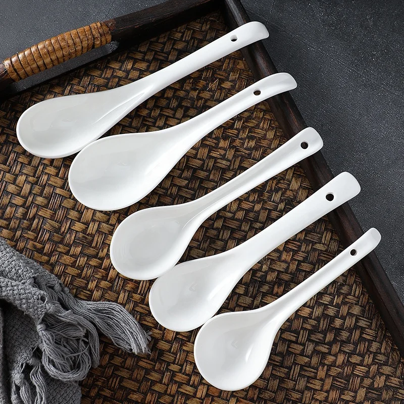 Chinese White Ceramic Porcelain Shovel Ramen Soup Serving Feeding Spoons Set Different Sizes