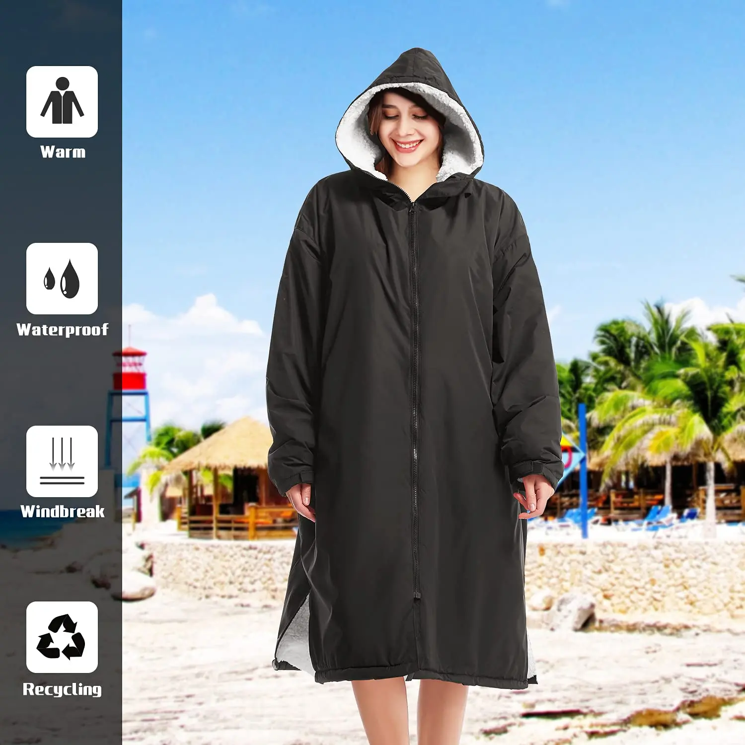 Customized Womens Waterproof Soft Warm Full Zip Beach Surf Swim Parka Changing Robe With Hood