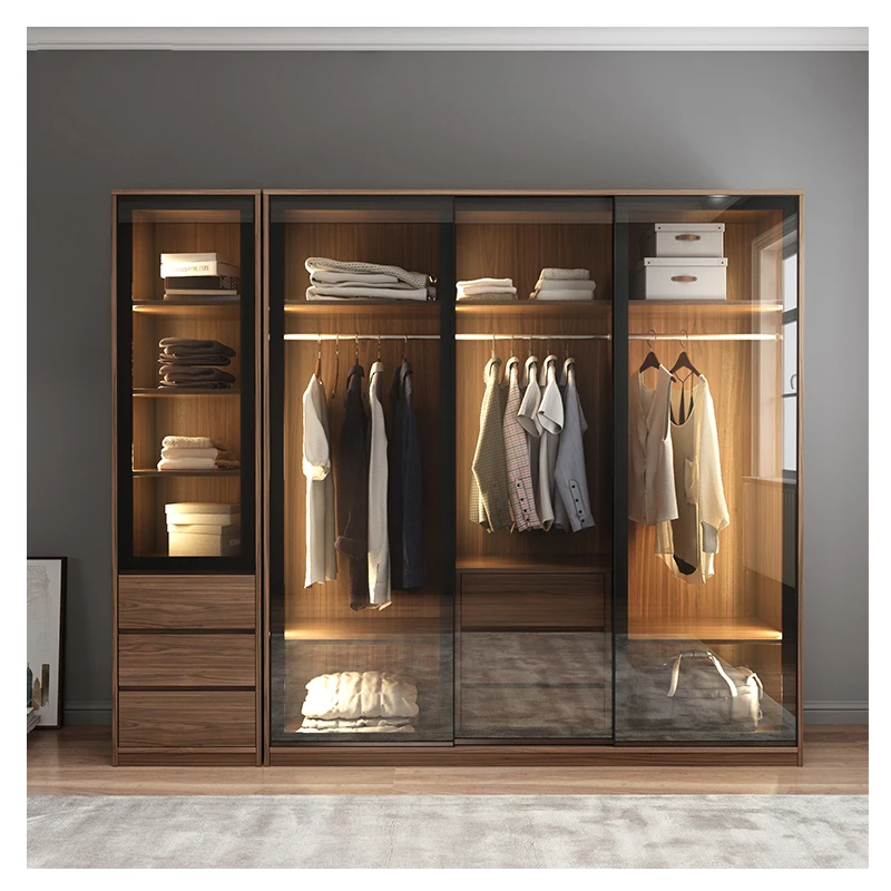 China Glass Sliding 3 Door MDF Solid Wood Wardrobe Bedroom Furniture with Mirror and Drawers Closet