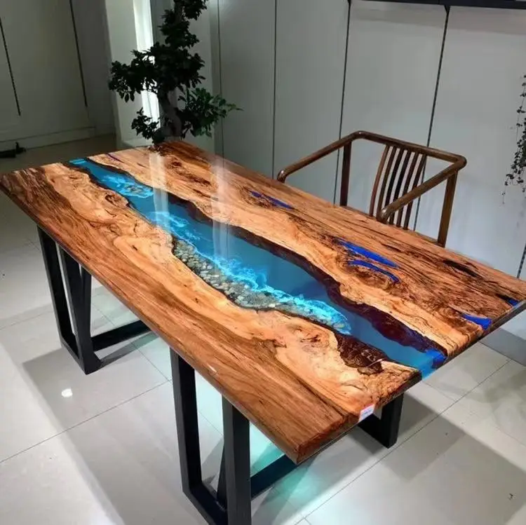 MORE DESIGN Blue Ocean Wooden Home Furniture Factory Direct Solid Walnut Kitchen Restaurant River Epoxy Wood Resin Dining Table