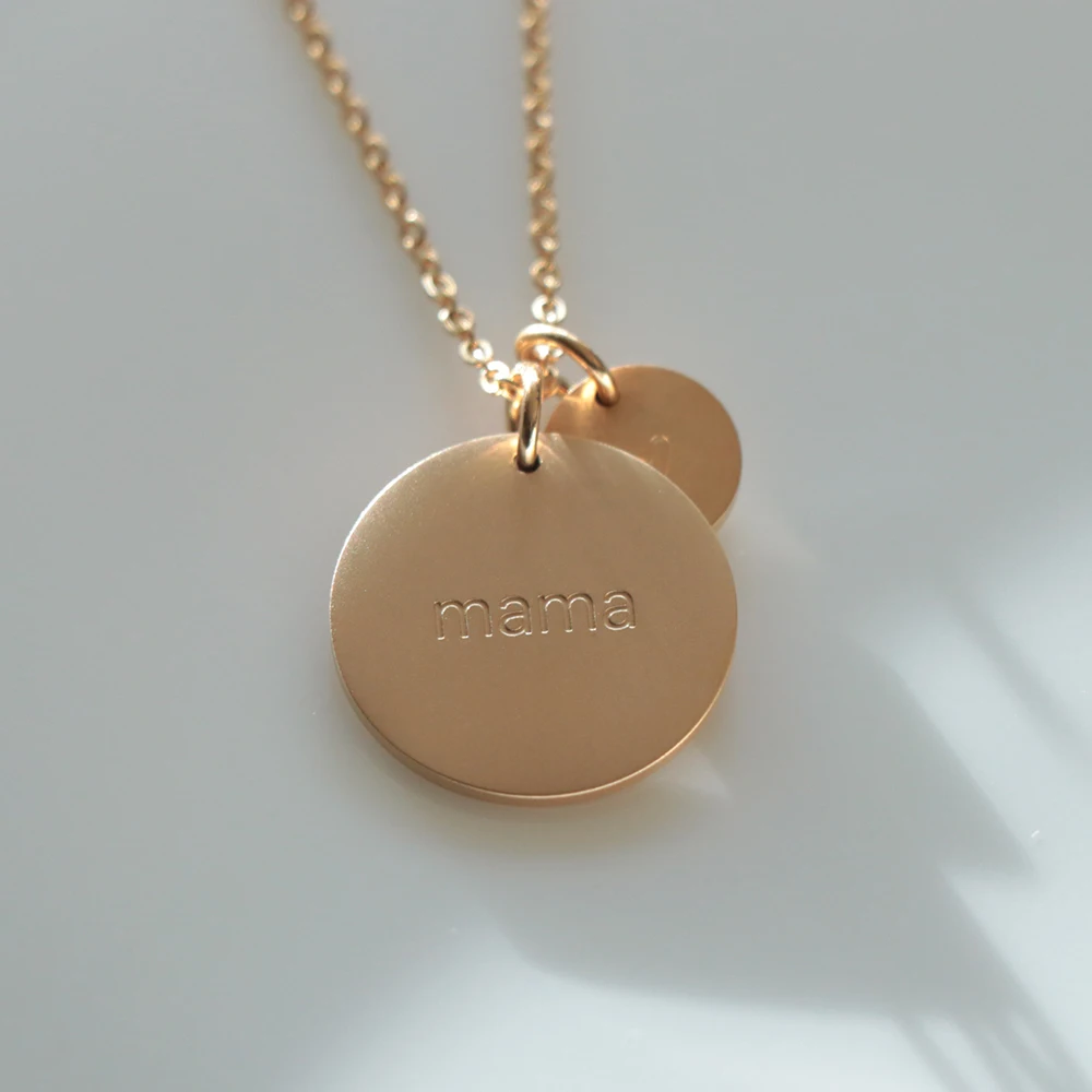 mama jewelry custom stainless steel matte finish 18K gold plated disc charm coin necklace mama necklace