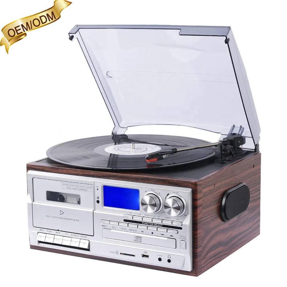 High quality vinyl record player with USB+SD + radio +double CD+ cassette gramophone