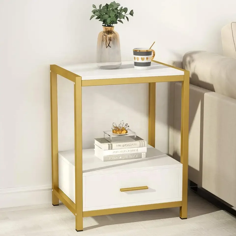 Luxury White Wooden Bedroom Gold Table Floating Organizer Nightstands Modern Nightstand With Drawer