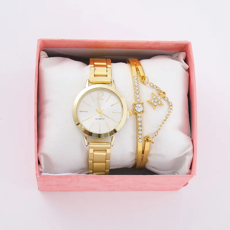 Trending products 2024 new arrivals In stock minimalist fashion round steel strap 2pcs/set quartz watches for women