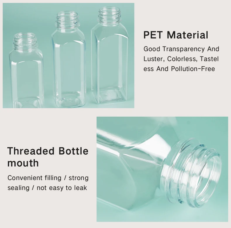 Wholesale 8oz 12oz 16oz Clear Food Grade PET Square Beverage Plastic Juice Water Bottle with Cap