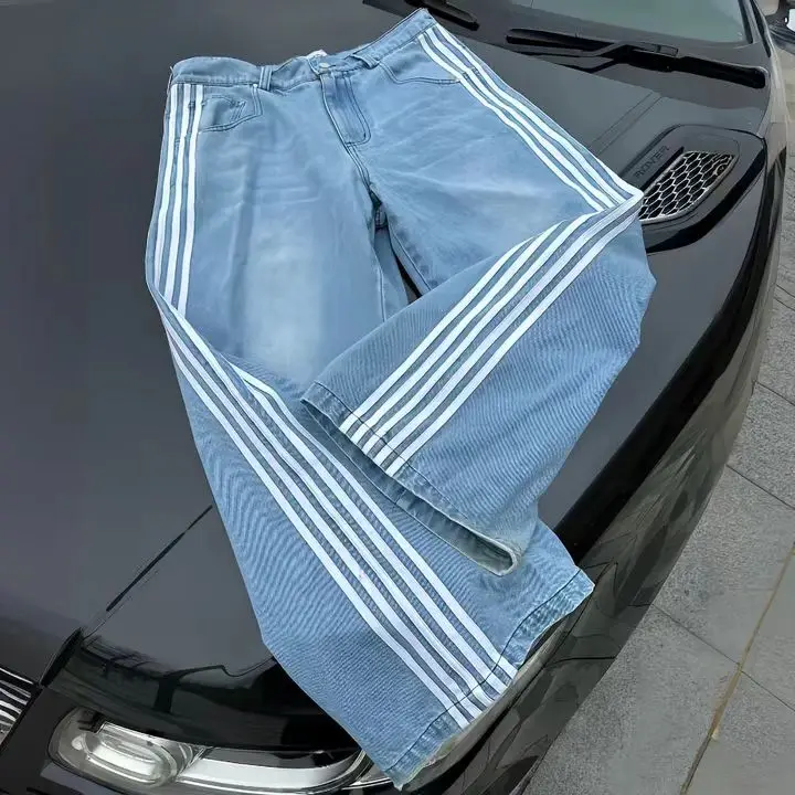 Denim Factory Custom Loose Casual Vintage Wash Man Cotton Straight Wide Leg Baggy Side Stripe Denim Pants Jeans For Men