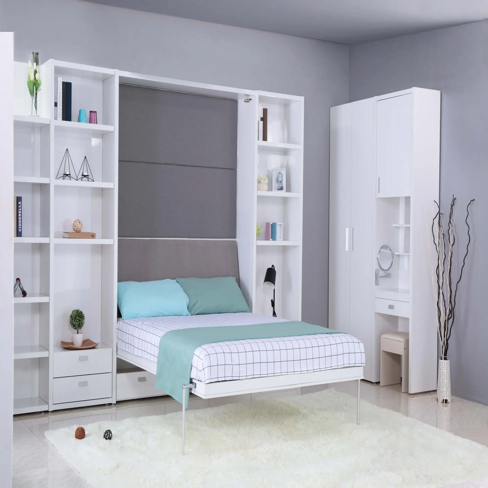 Murphy wall bed with horizontal and vertical any stop with automatic retractable legs, comfortable headrest and steel bed frame