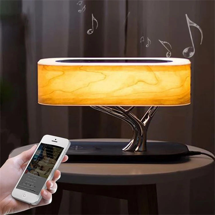 2022 new wooden wireless table charger led wireless charger with speaker tree of light for fast charging of phones in home