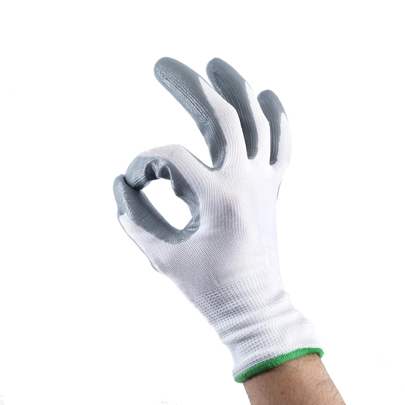 13G White Polyester Nylon Grey Finish Working Nitrile Coated Nitrile Work Gardening Gloves For Industrial Work