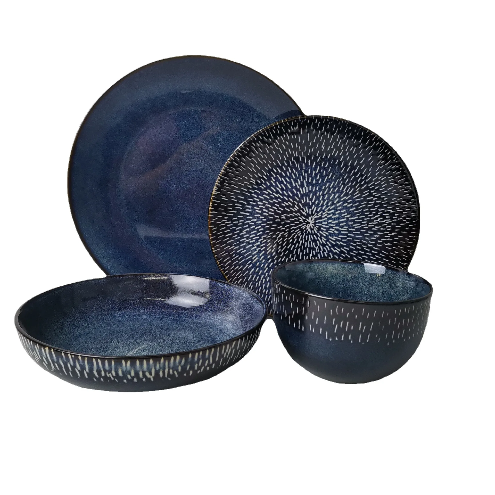 Wholesale 4pc Ceramic Stoneware Tabletop Dinnerware Set Popular Blue Color Hand-Painted Reactive Glaze Engraving Beautiful