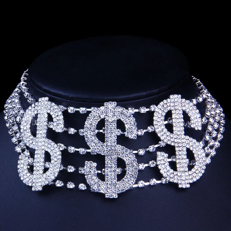 2020 New Fashion Luxury Rhinestone Crystal Statement Necklace Women Chokers Chunky US Dollar Diamond Choker Necklace