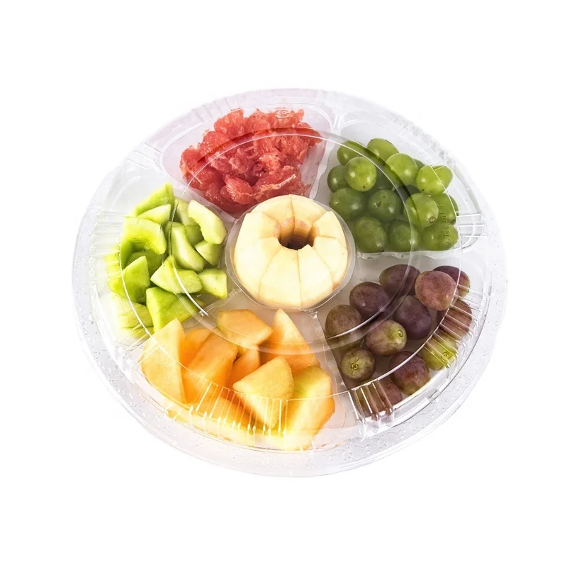 Disposable round plastic 6 compartment fruit food packaging box container