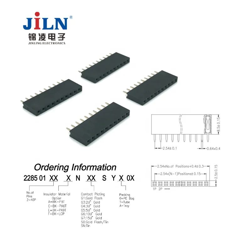 JiLN female header 2.54mm pitch 8.5mm height single row 180 degree female 2.5 width female pin header connector on pcb