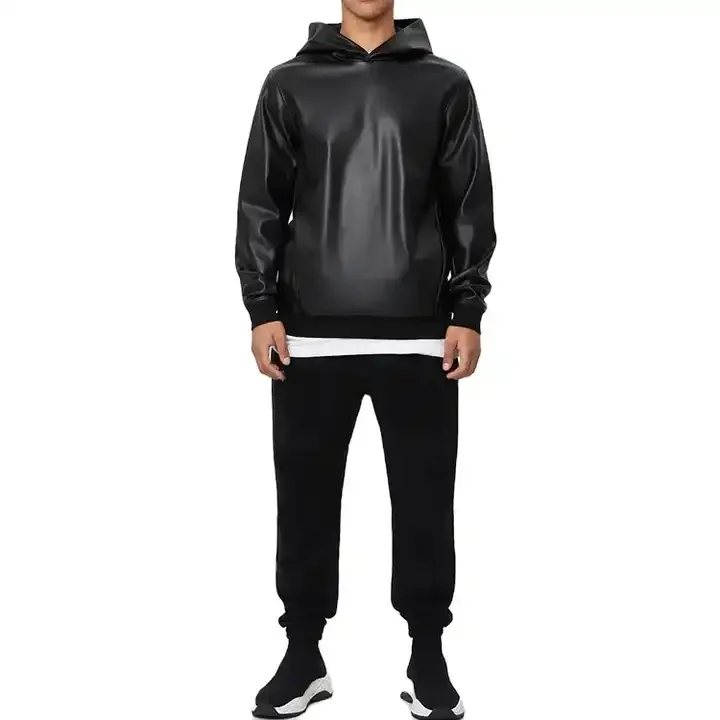 Custom Logo High Quality Mens Leather Jacket With Hoodie Fuax Pu Leather Blank Oversized Pullover Hoodies