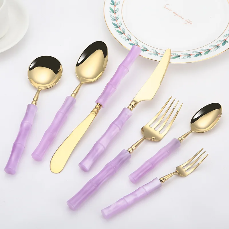 High Quality 18/10 Flatware Set Violet Acrylic Handle Stainless Steel Knife Fork Spoon Silverware Restaurant Cutlery Set
