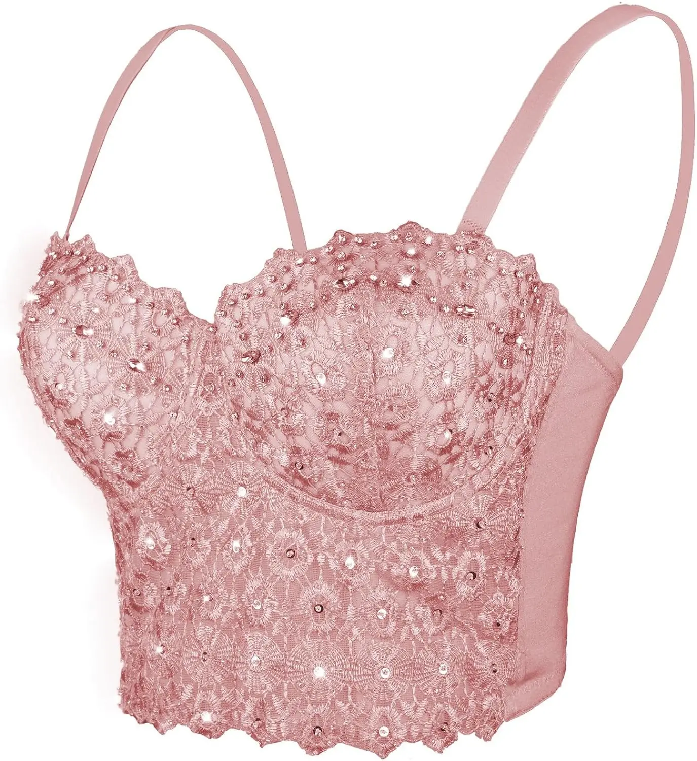 Sexy Pearls Beaded Rhinestone Bustier Crop Top Push up Corset Top with Detachable Straps