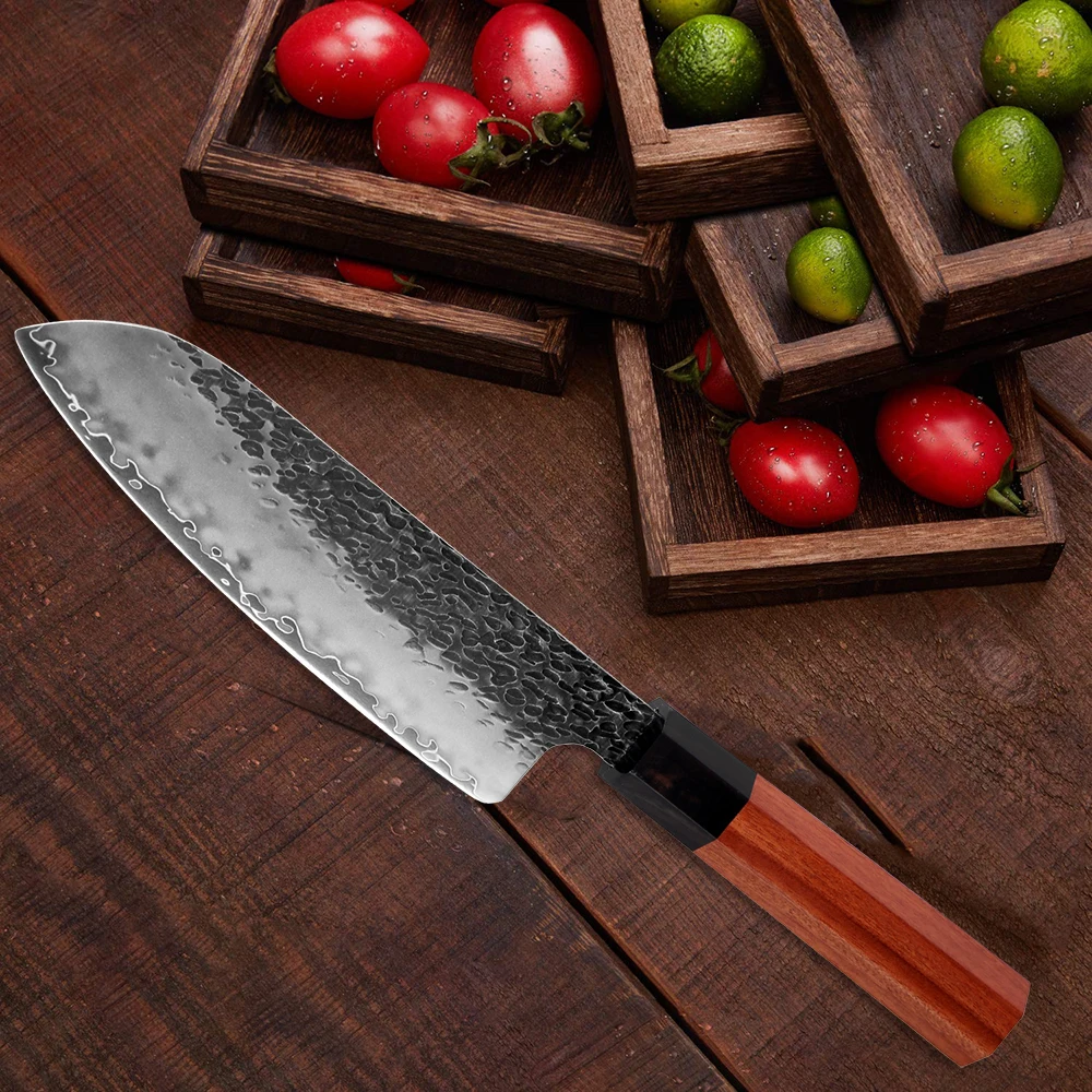 Octagon Wood Handle 7 Inch High Carbon 3 Layer 9Cr18mov Stainless Steel Kitchen Santoku Knife
