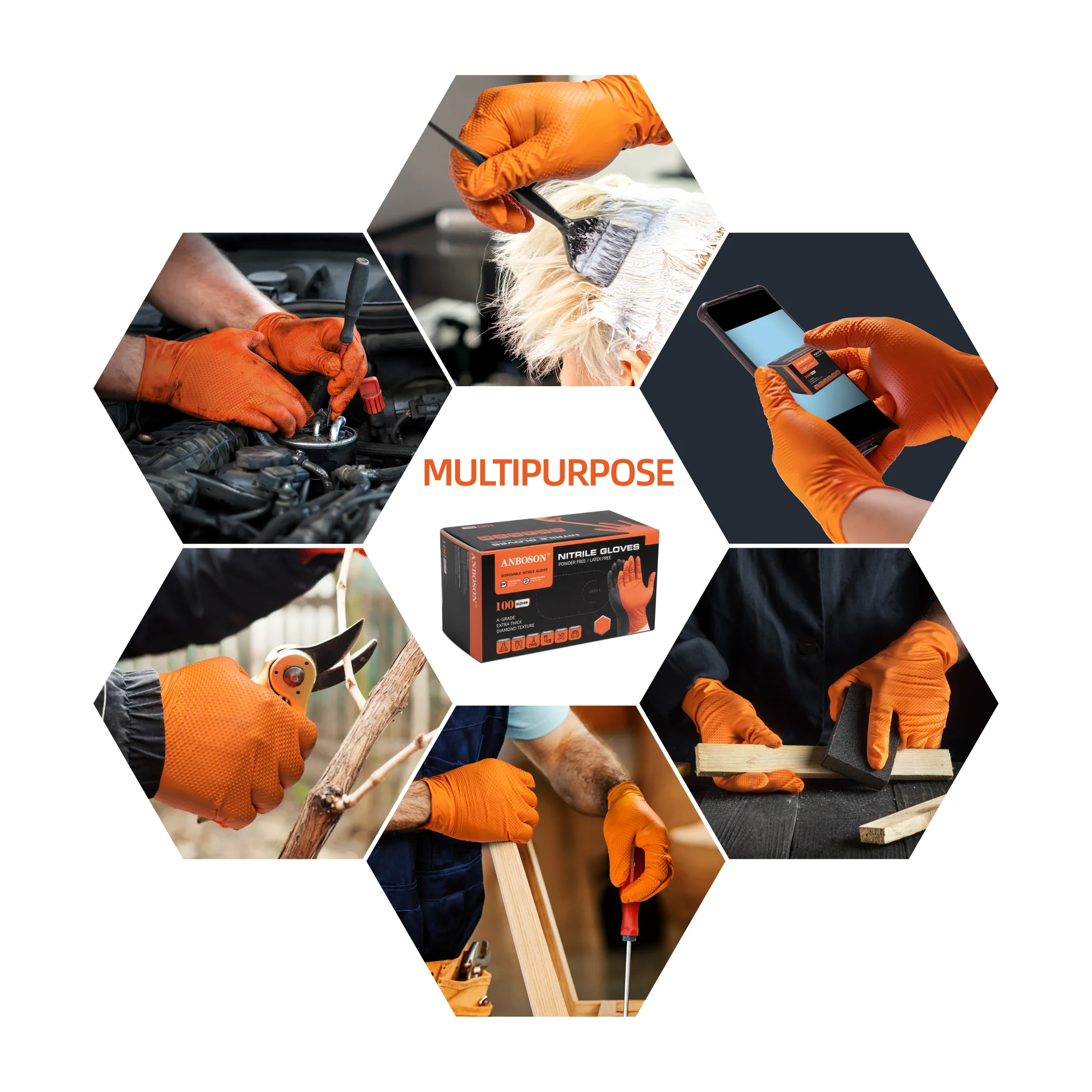 Anboson Factory Wholesale Orange Nitrile  Glove Diamond Dotted Duty Powder Free Black Disposable Nitrile Gloves