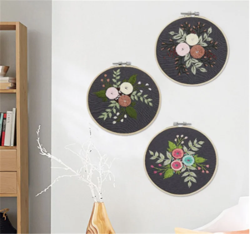 
DIY Embroidery Flower Handwork Needlework for Beginner Cross Stitch Kit Ribbon Painting Embroidery Hoop Home Decoration 