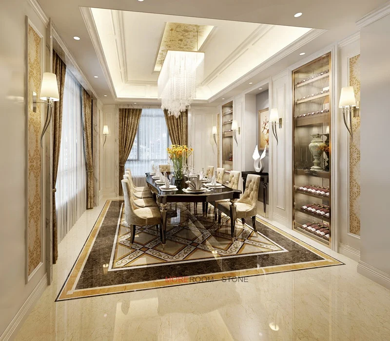 interior living Room water jet flooring design glazed beige ceramic tile look like marble
