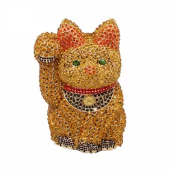 New Design Good Quality Wedding Bridal Sparkle 3D Cat Animal Clutch Bags Hardcase Full Crystal Bag Rhinestone HandBag