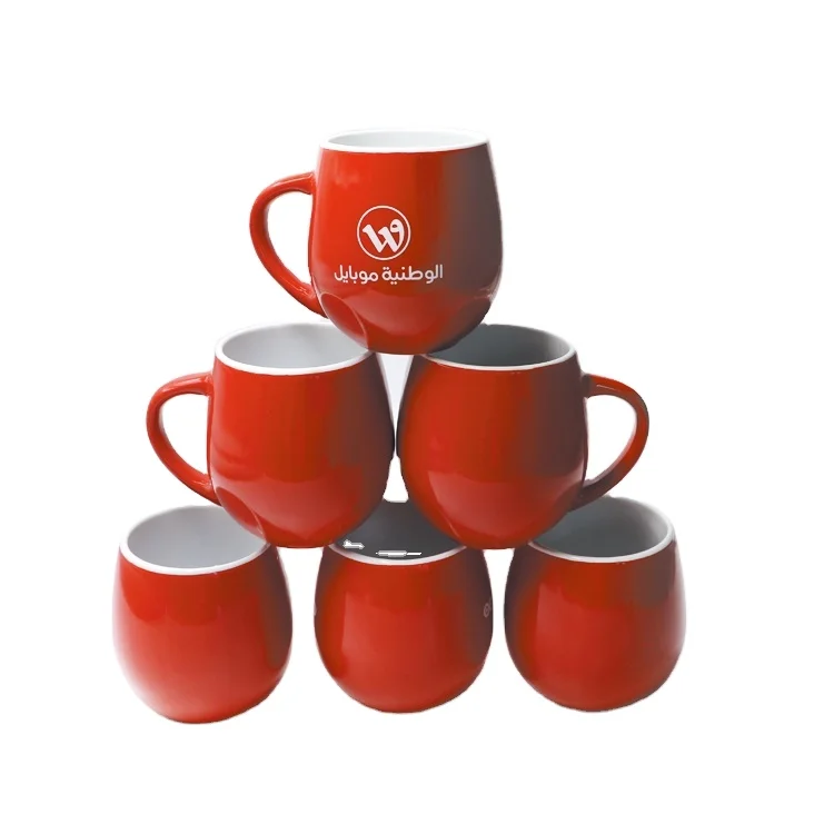 nice quality stoneware printed wholesale logo drum shape glossy red glazed coating ceramic coffee tea cups with logo