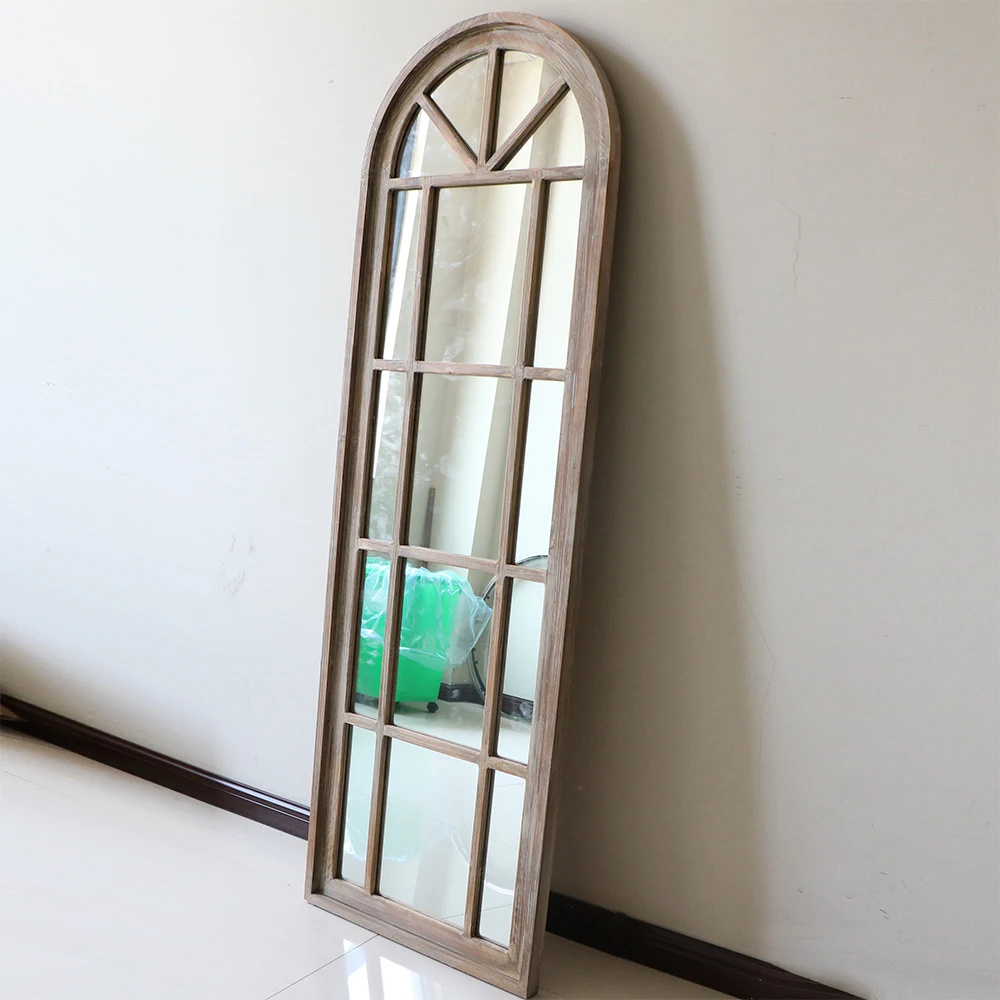 hallway hand made Distressed large arch shaped Wooden wood window style mirror full length frame floor standing mirrors espejo