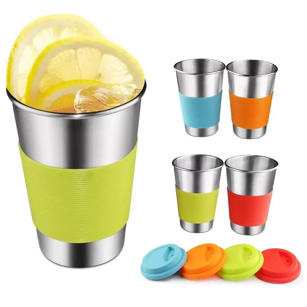 reusable cup Single Wall Stainless Steel Pint Cups 12OZ tumbler  16oz beer tumbler for Kids Cups With Silicone Lids & Sleeves