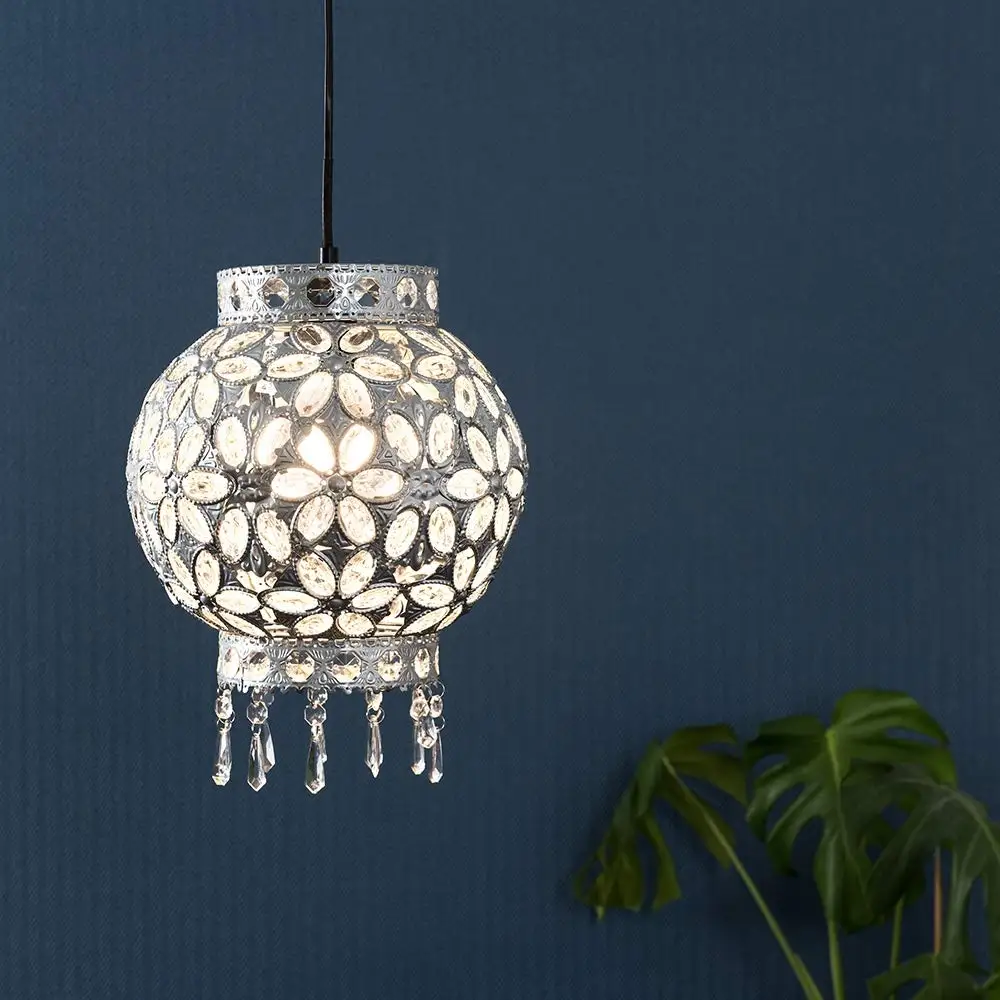 Traditional Moroccan Bazaar Style Silver Chandelier Ceiling Light Pendant Shade with Beautiful Clear Acrylic Flower Design Jewel