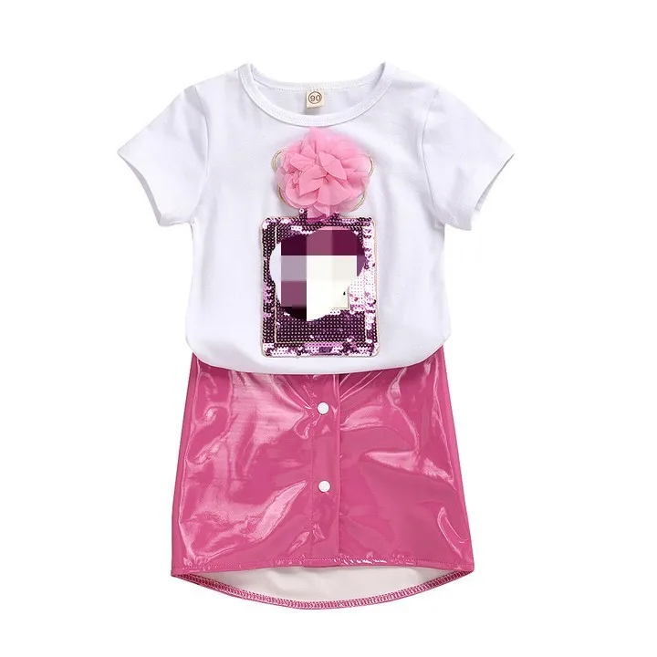 
2020 Toddler Kids Baby Girl Summer Clothes Short Sleeve White T-shirt +Mini PU Skirt Outfits Set 